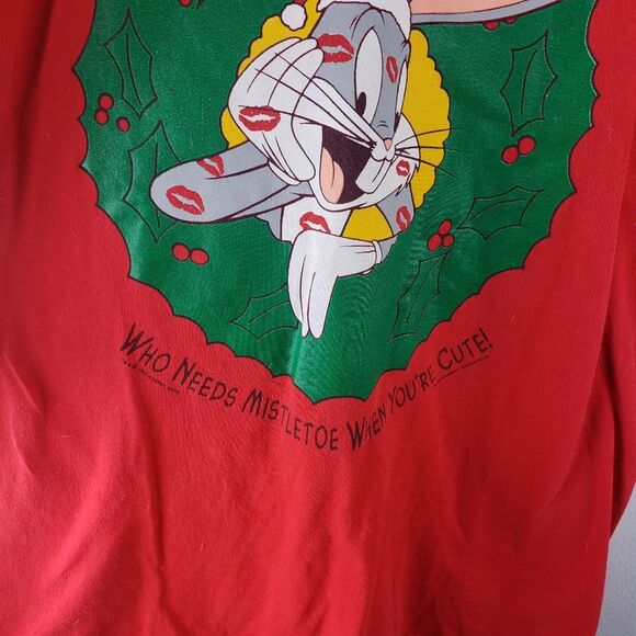 Vintage Y2K 90's Red Bugs Bunny Mistletoe Toe Graphic Christmas Shirt Size Large - Picture 3 of 6